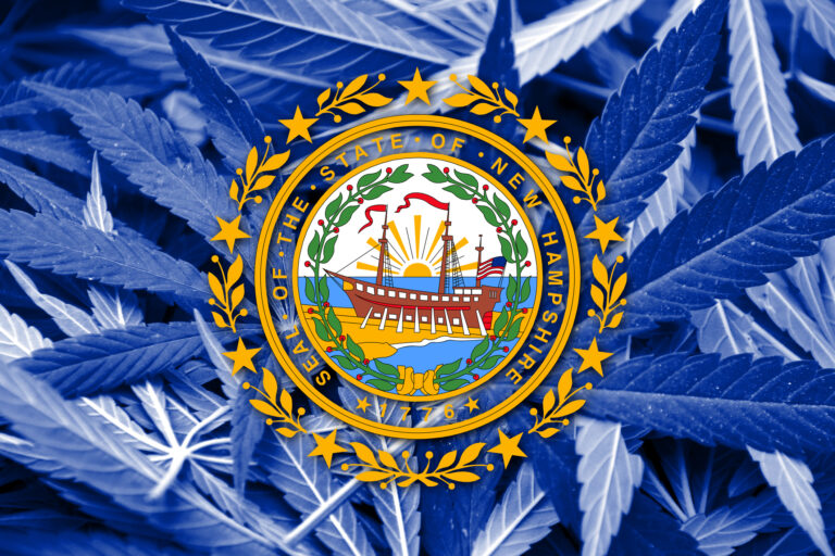 New Hampshire State Flag on a cannabis background.