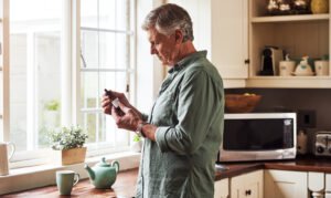 A relaxed senior man preparing a cup of tea with CBD oil