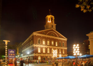 Faneuil Hall Marketplace historical brick building at freedom trail at night, Boston, Massachusetts, USA