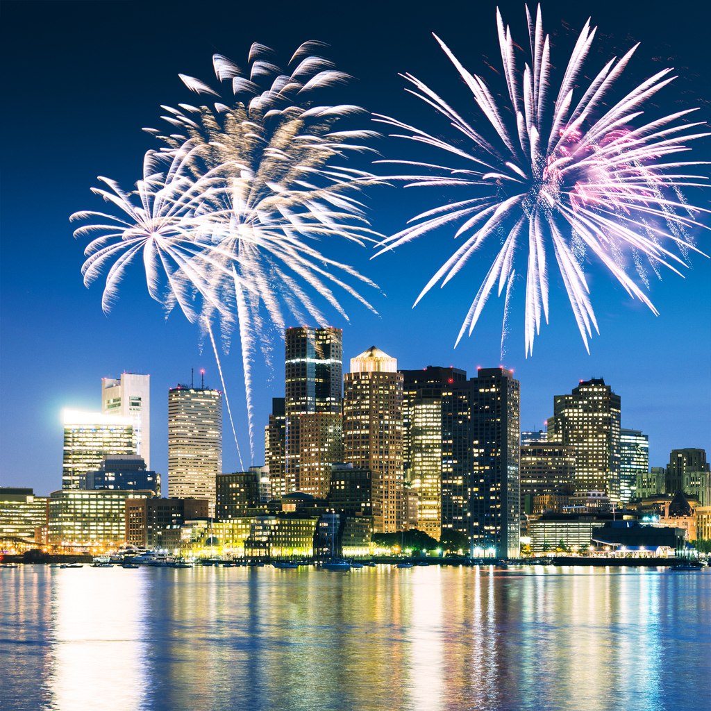 Bostonon the night with fireworks for the new year