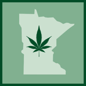 Vector illustration of a dark green marijuana leaf on a light green silhouette of Minnesota within a green square.
