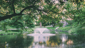 Beautiful fountain in historic downtown Saratoga Springs Congress Park New York